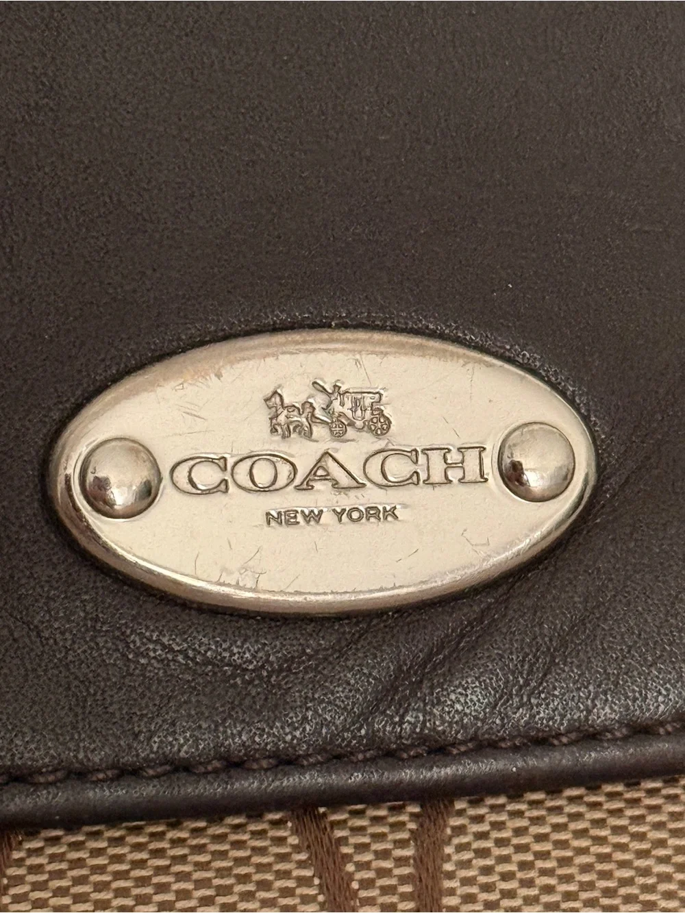 Coach Brown Signature Canvas Trifold Wallet with Leather Trim & Carriage Logo